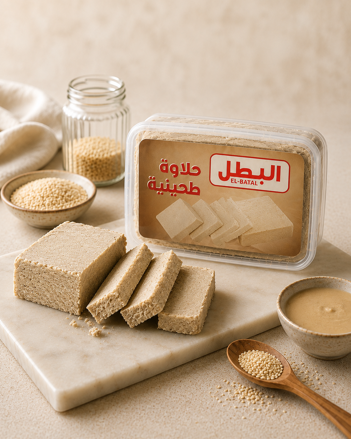 A clear plastic tub of El-Batal tahini paste with Arabic text on the label, displayed on a marble board with sliced beige paste, small bowls of sesame seeds, and a wooden spoon on a neutral beige background.