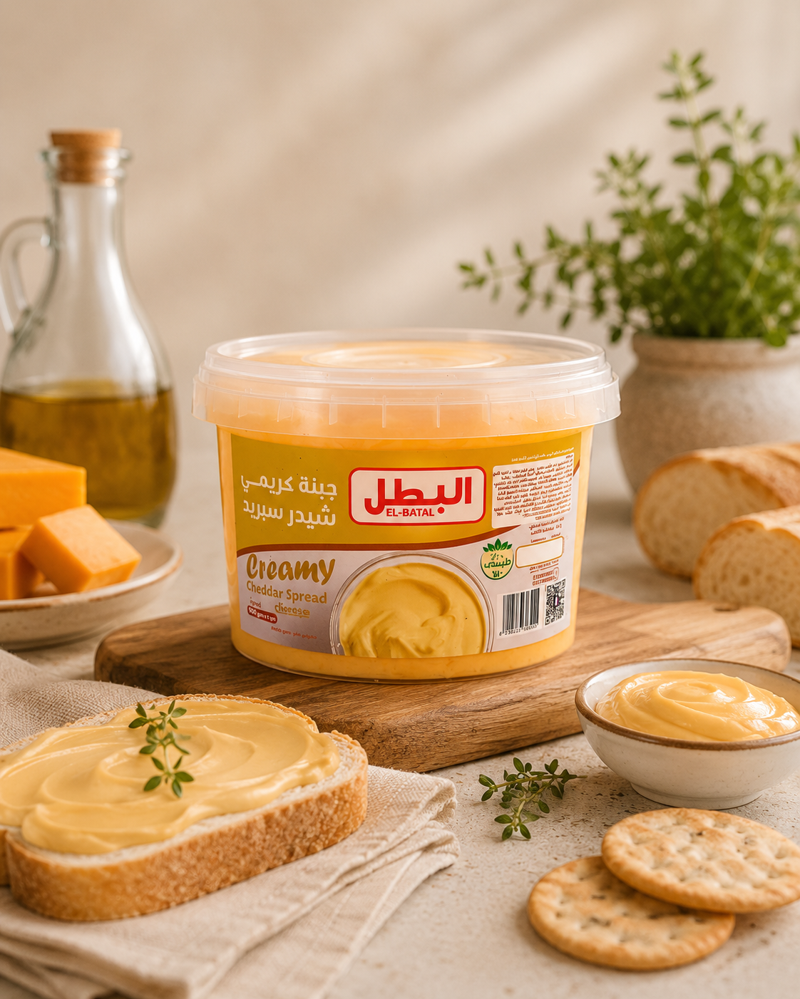 A tub of El-Batal Creamy Cheese Spread displayed on a wooden board with bread, crackers, cheese, and a bottle of oil in a warm, styled setting.