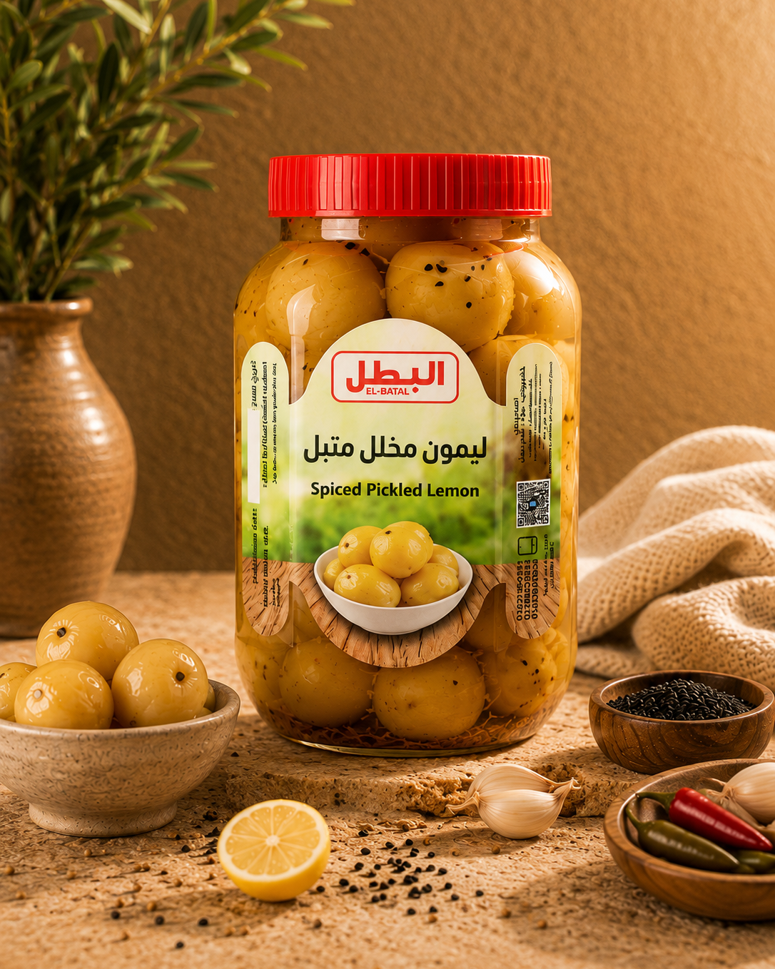 A jar of EL-BAIL Spiced Pickled Lemon (ليمون مخللي spiced) with a red lid, surrounded by ingredients like garlic, chili, peppercorns, and lemon halves on a rustic sandy surface with a textured beige background.