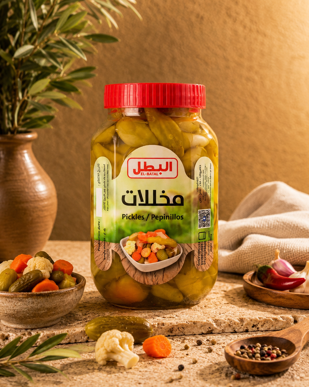 A jar of El Nahr Pickles (pepinillos) with a red lid and a green and white label, set on a rustic stone surface with bowls of vegetables, a textured beige background, and a potted plant.